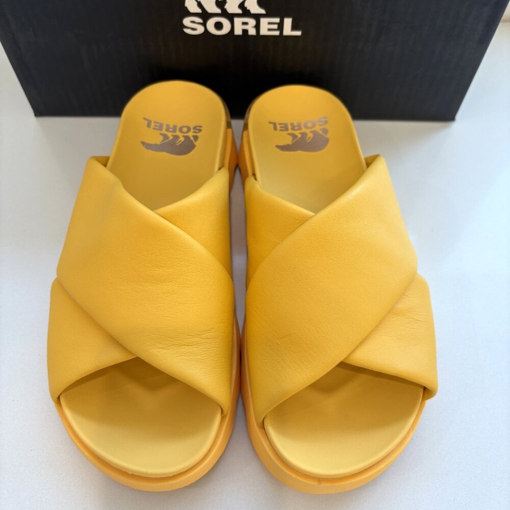 Sorel Viibe Crisscross Slide Sandals Leather Slip On Yellow Ray Sizes 9 NEW - Picture 5 of 7